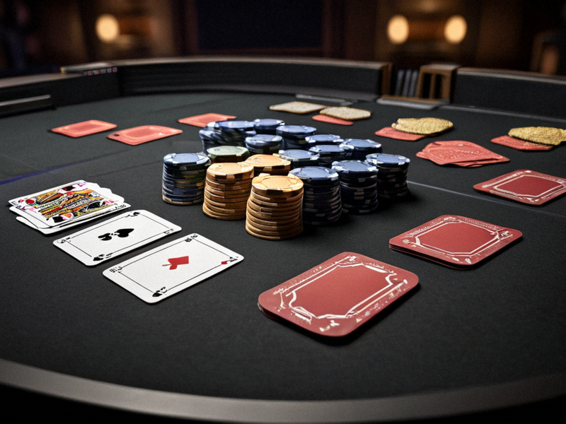 GGPOKER 赛事现场：深色扑克牌桌上整齐摆放的筹码与五张公共牌